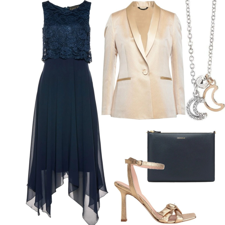 Outfit donna - Chic #5340. Stile Chic per Serata fuori. Abbinamento con vestiti midi/longuette, blazer, sandali in pelle, ciondoli, borse a tracolla.