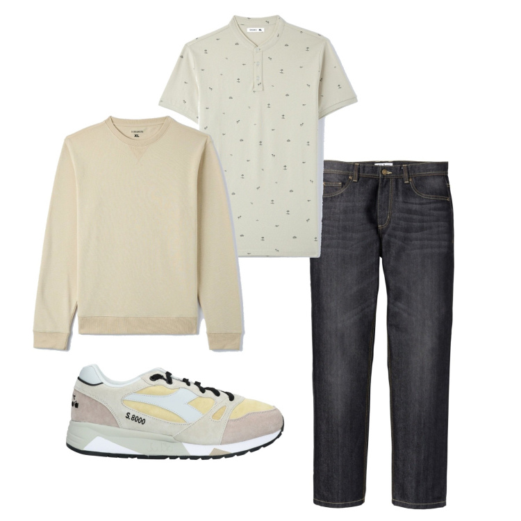 Outfit uomo - Una polo senza colletto. Stile Urban per Tutti i giorni. Abbinamento con jeans dritti, sneakers, felpe, t-shirt.