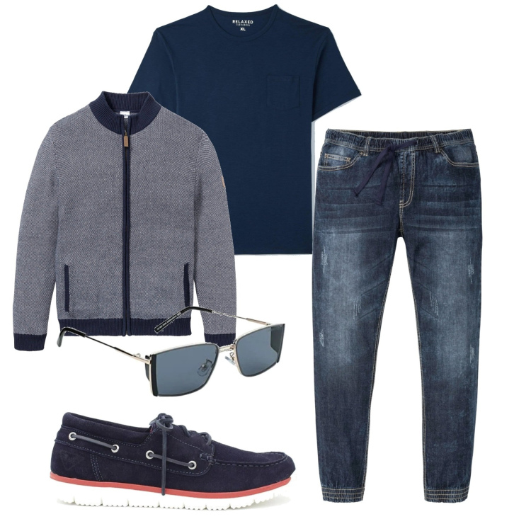 Outfit uomo - Blu. Stile Casual per Tutti i giorni. Abbinamento con cardigans, jeans slim fit, t-shirt, scarpe stringate, occhiali da sole.