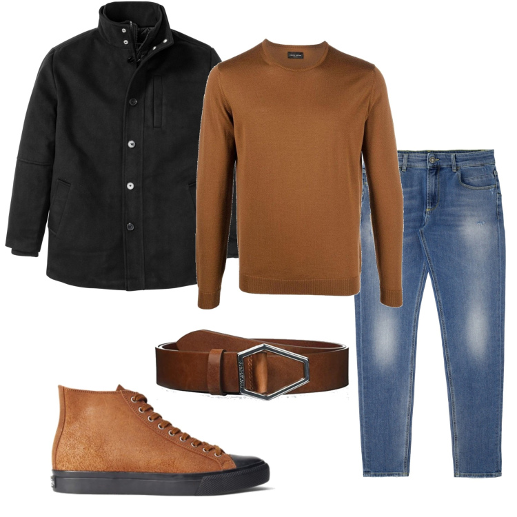 Outfit uomo - In montagna. Stile Casual per Tutti i giorni. Abbinamento con giacche, jeans skinny, maglieria, sneakers, cinture.
