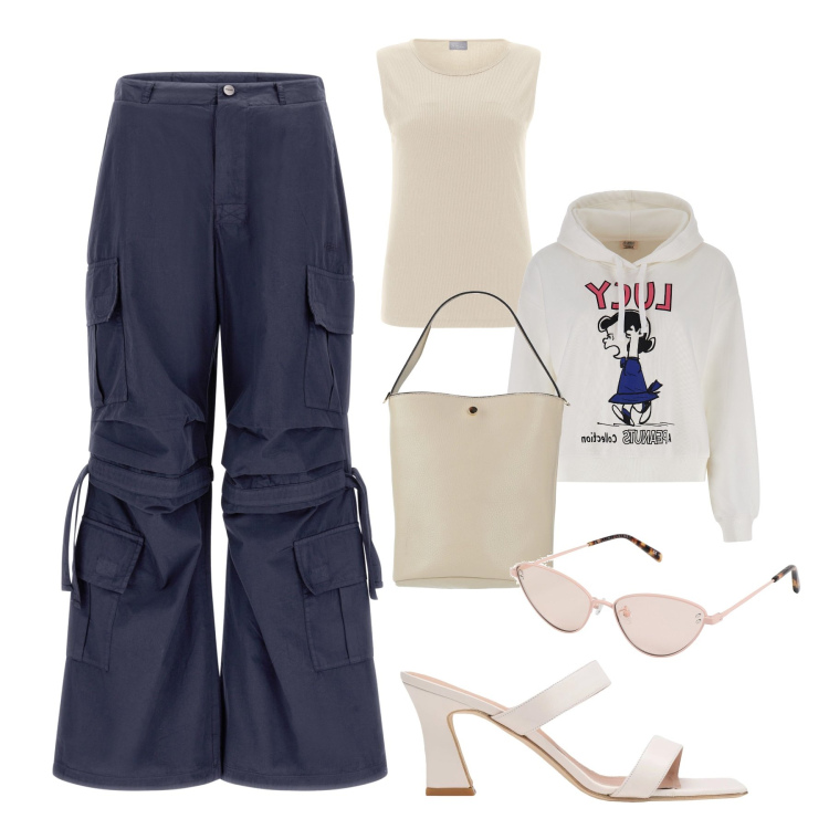 Outfit donna - Freddy sporty chic. Stile Sporty chic per Tutti i giorni. Abbinamento con occhiali da sole, sandali in pelle, borse a mano, pantaloni cargo, t-shirt, felpe con cappuccio.