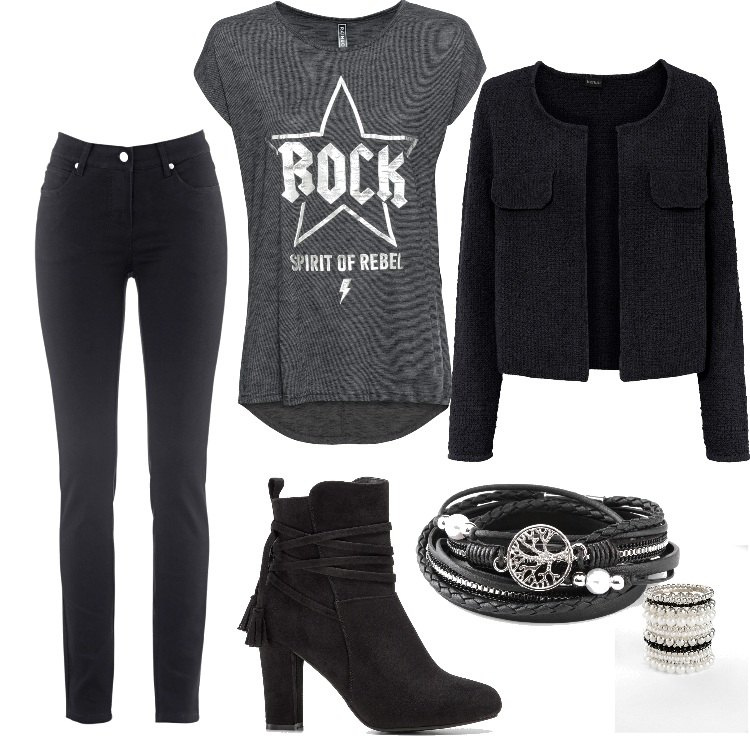 Outfit donna - Rock soft. Stile Rock per Tutti i giorni. Abbinamento con jeans slim fit, braccialetti, braccialetti, t-shirt, cardigans, stivaletti.