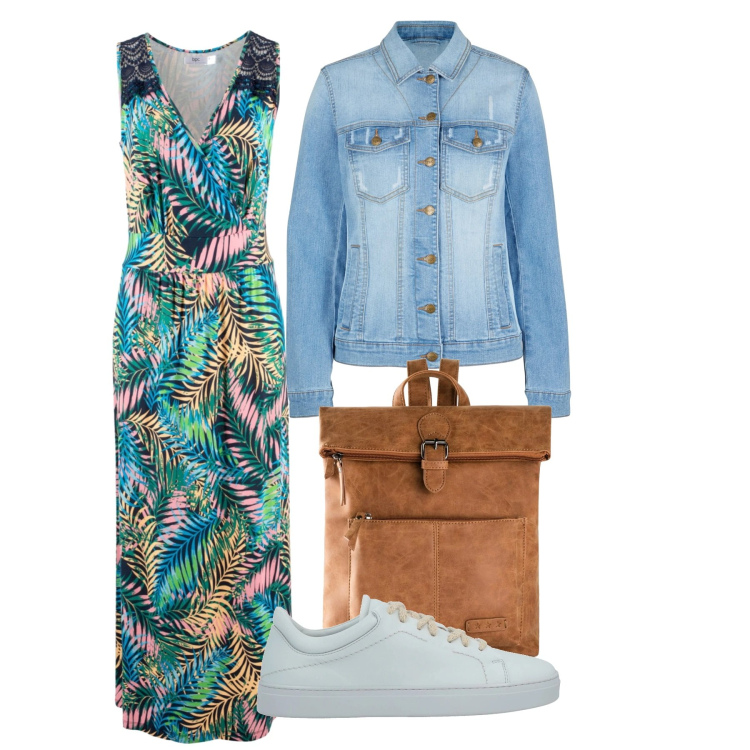 Outfit donna - Bizzarra primavera. Stile Chic per Tutti i giorni. Abbinamento con zaini, blazer, vestiti lunghi, sneakers.