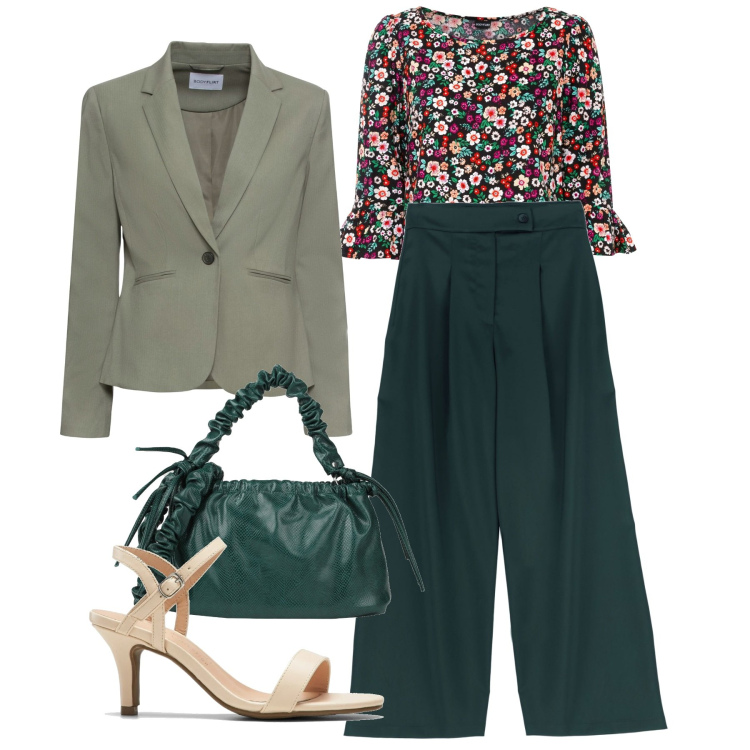 Outfit donna - I fiori di ogni giorno. Stile Chic per Tutti i giorni. Abbinamento con blazer, bluse, sandali col tacco, borse a mano, pantaloni a palazzo.
