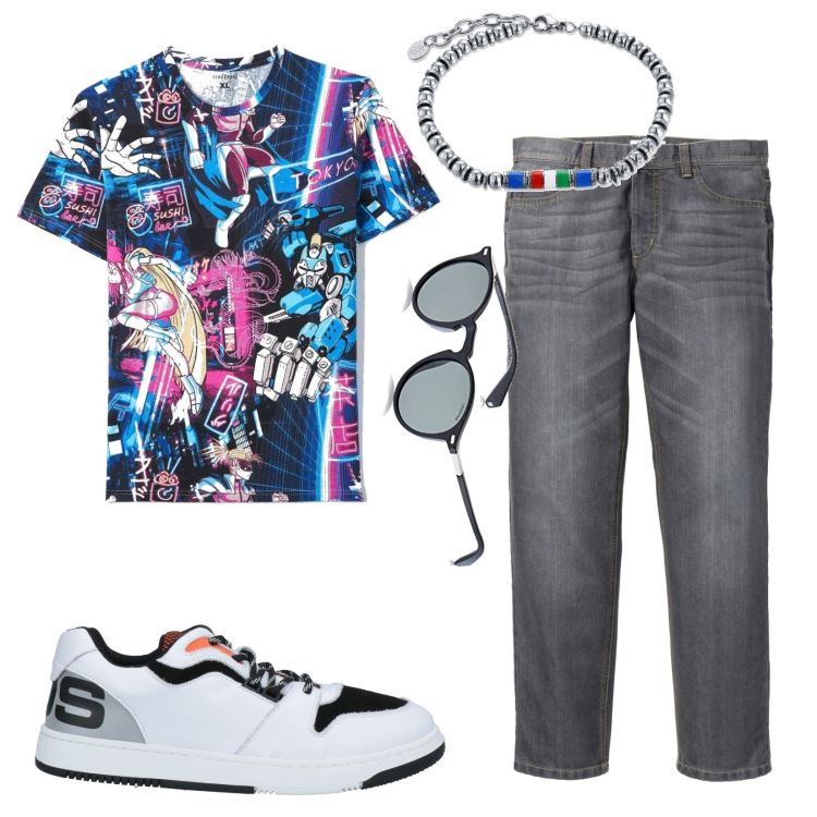 Outfit uomo - Total look #1586016. Stile Casual per Tutti i giorni. Abbinamento con jeans dritti, sneakers, t-shirt, braccialetti, occhiali da sole.