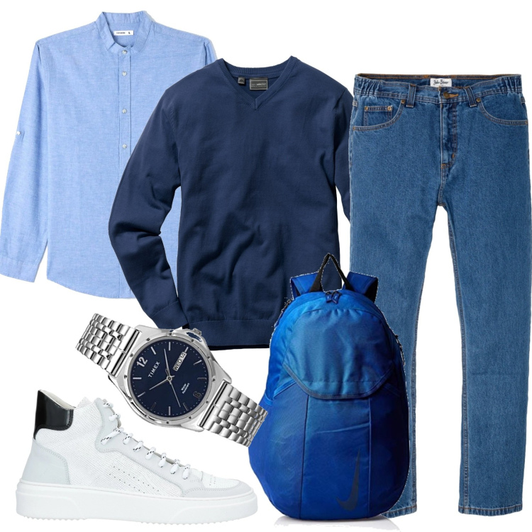 Outfit uomo - Total look #1586019. Stile Casual per Tutti i giorni. Abbinamento con jeans dritti, maglieria, sneakers, camicie, orologi analogici, borse sportive.
