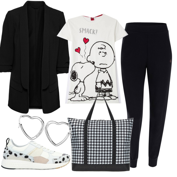 Outfit donna - Sporty chic. Stile Sporty chic per Tutti i giorni. Abbinamento con blazer, sneakers, t-shirt, pantaloni, borse tote, orecchini.