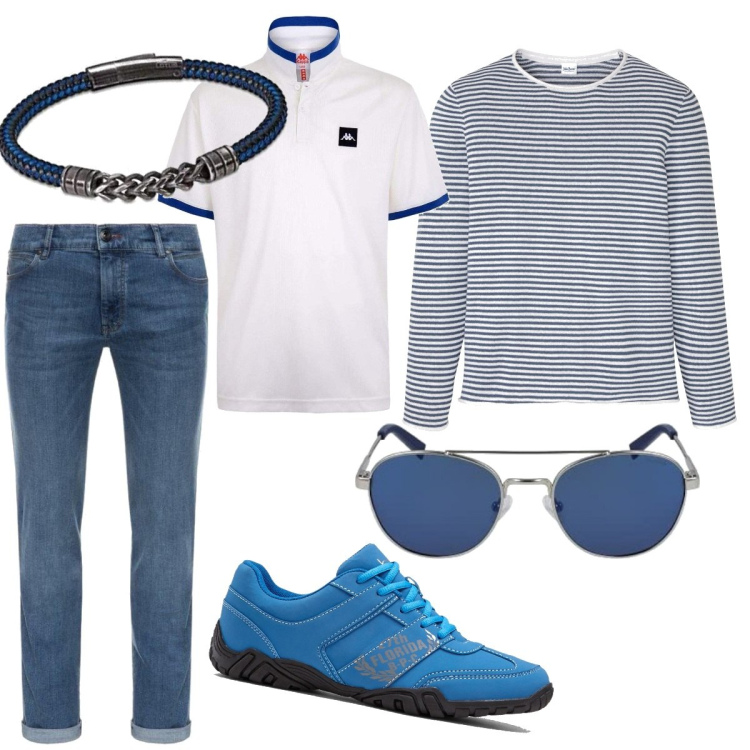 Outfit uomo - Righine estive. Stile Casual per Tutti i giorni. Abbinamento con jeans, t-shirt, maglieria, sneakers, occhiali da sole, braccialetti.