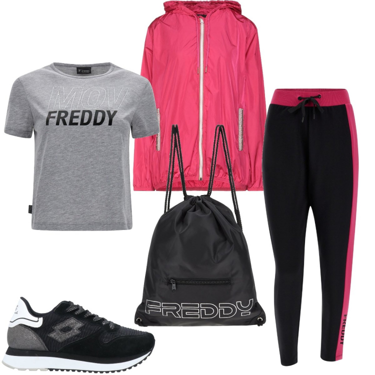 Outfit donna - Pronta per la lezione di gag. Stile Sporty chic per Sport. Abbinamento con sneakers, giacche, zaini, pantaloni, t-shirt.