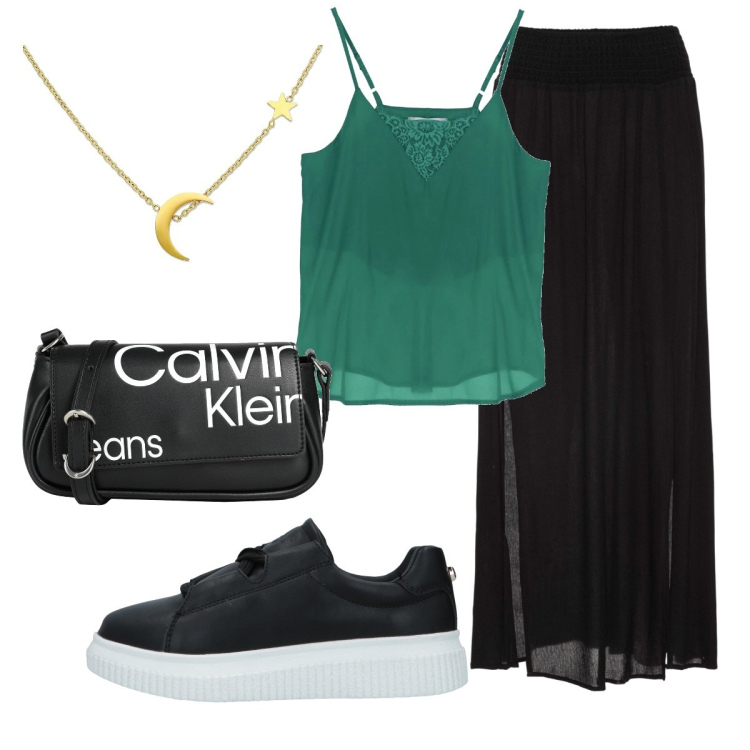 Outfit donna - Total look #1586448. Stile Basic per Tutti i giorni. Abbinamento con gonne lunghe, borse a tracolla, sneakers, collane, top.