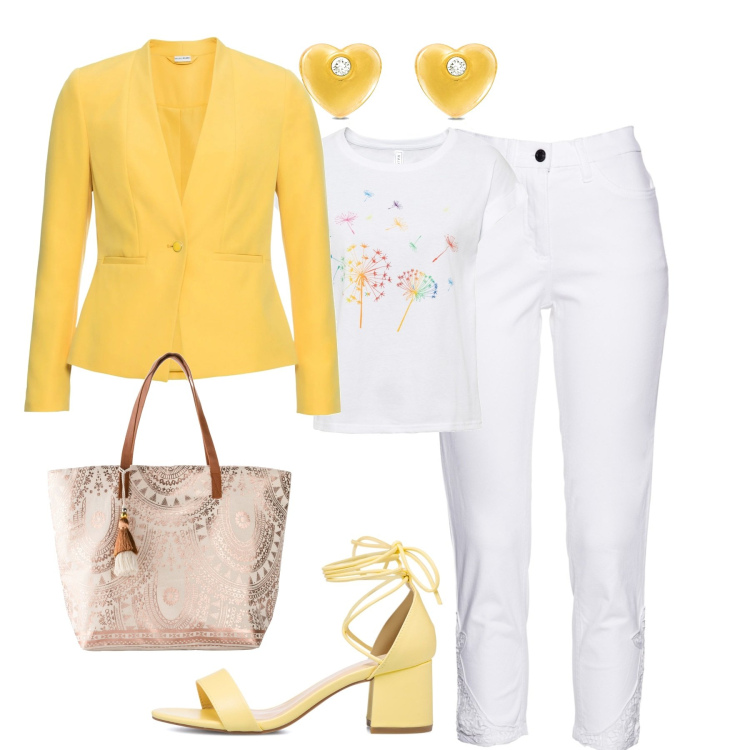 Outfit donna - In città. Stile Casual per Tutti i giorni. Abbinamento con blazer, t-shirt, jeans, shopping bag, orecchini, sandali alla schiava.