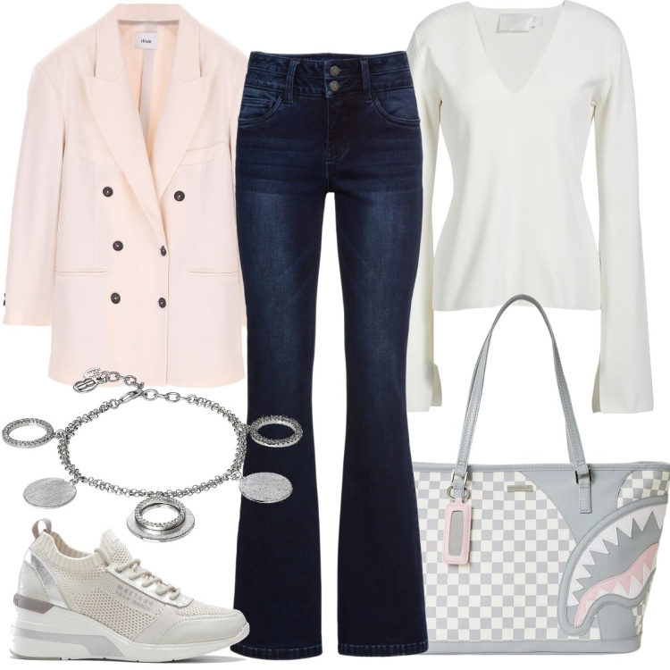 Outfit donna - La giacca a doppio petto rosa. Stile Mannish per Ufficio. Abbinamento con jeans bootcut, sneakers, pullovers, braccialetti, borse tote, giacche.