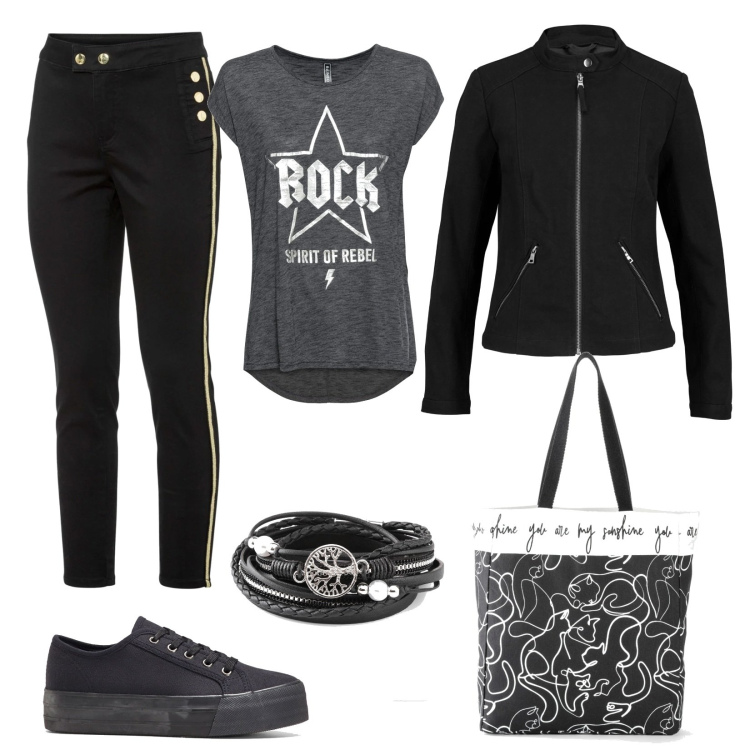 Outfit donna - BonPrix spring. Stile Basic per Tutti i giorni. Abbinamento con sneakers, braccialetti, cappotti, shopping bag, pantaloni, t-shirt.