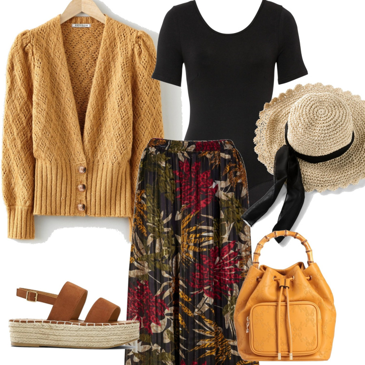 Outfit donna - Cardigan senape. Stile Boho per Tutti i giorni. Abbinamento con body, cappelli, cardigans, gonne lunghe, sandali, borse a mano.