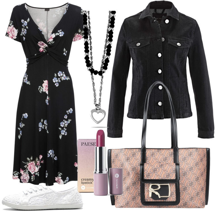 Outfit donna - Nero floreale primaverile. Stile Bon Ton per Tutti i giorni. Abbinamento con vestiti lunghi, sneakers, blazer, borse a spalla, ciondoli, rossetti.