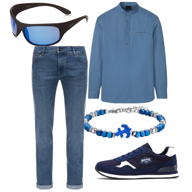 Outfit uomo - Total blue in negozio. Stile Trendy per Tutti i giorni. Abbinamento con braccialetti, jeans, sneakers, camicie, occhiali da sole.