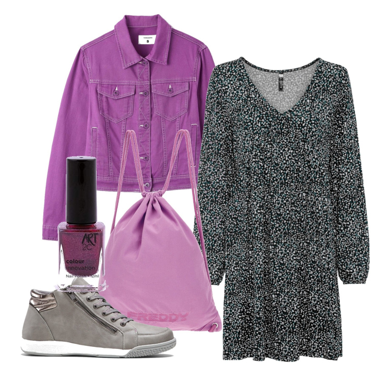 Outfit donna - Ciclamini in libertà. Stile Casual chic per Tutti i giorni. Abbinamento con sneakers alte, vestiti, blazer, zaini, smalti.