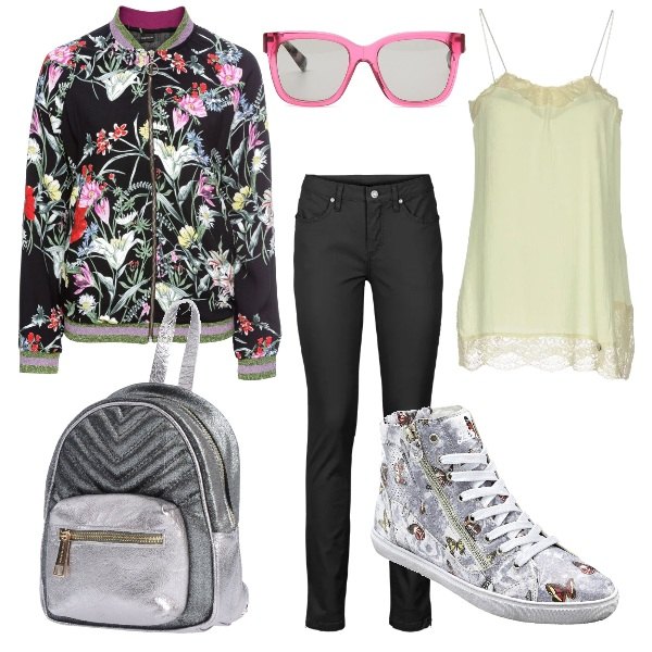 Outfit donna - Sport & Trendy. Stile Trendy per Scuola/Università. Abbinamento con jeans, giubbotto fantasia, sneakers effetto metallizzato con zip grigio, top con pizzo scollatura profonda senza maniche in viscosa crêpe, borsa, occhiali da sole e montature per occhiali da vista fantasia effetto acetato.