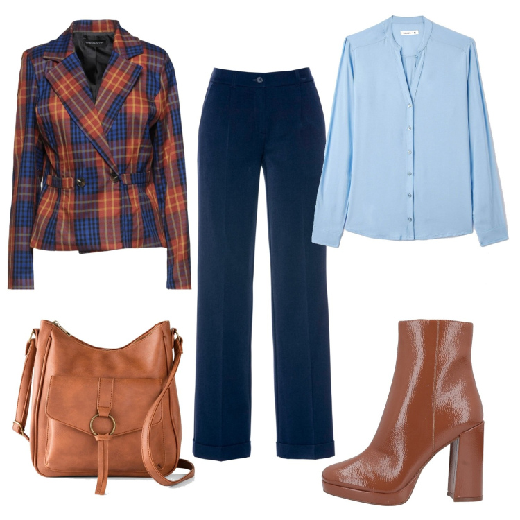 Outfit donna - A lavoro. Stile Casual chic per Ufficio. Abbinamento con blazer, stivaletti, pantaloni, borse a tracolla, camicie.