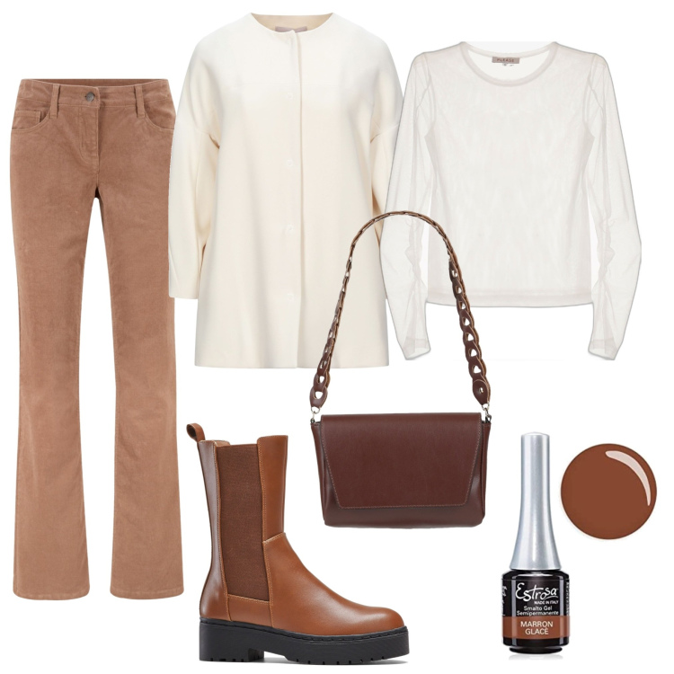 Outfit donna - Fresco aprile. Stile Casual per Tutti i giorni. Abbinamento con pantaloni, stivali, cappotti, borse a mano, maglieria, smalti.