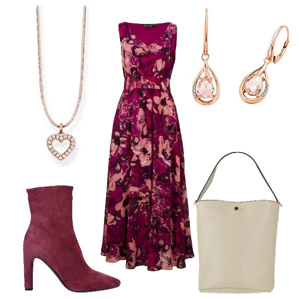 Outfit donna - Total look #1586868. Stile Romantica per Serata fuori. Abbinamento con vestiti lunghi, stivaletti, borse a mano, ciondoli, orecchini.