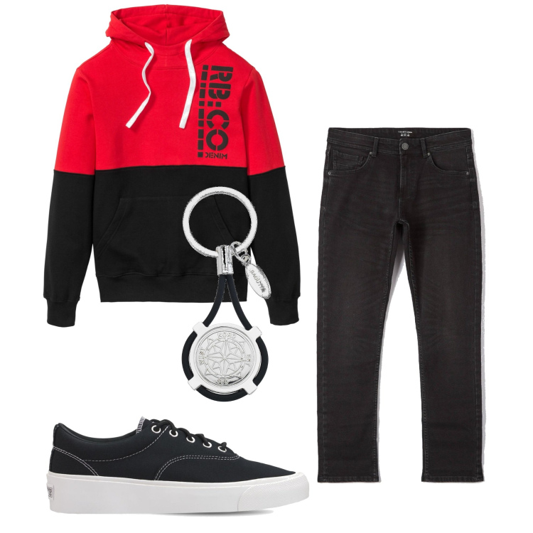 Outfit uomo - Casual #9768. Stile Casual per Tutti i giorni. Abbinamento con felpe con cappuccio, jeans, portachiavi, sneakers.