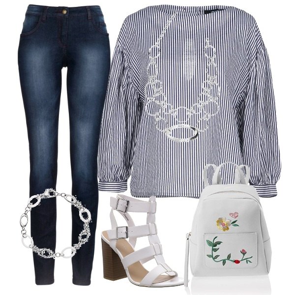 Outfit donna - Basic #14753. Stile Basic per Tutti i giorni. Abbinamento con jeans skinny, collana, blusa a righe a maniche 3/4 in cotone con bottoni, braccialetto, scarpe col tacco open toe bianco, zaini.