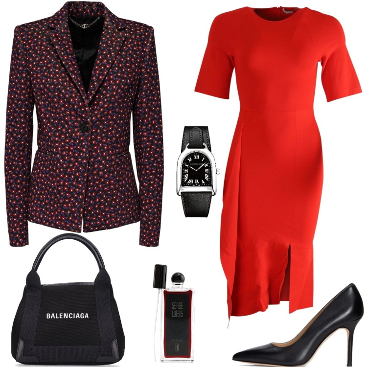 Outfit donna - Ufficio. Stile Chic per Ufficio. Abbinamento con vestiti asimmetrici, orologi, décolleté, shopping bag, giacche, profumi.