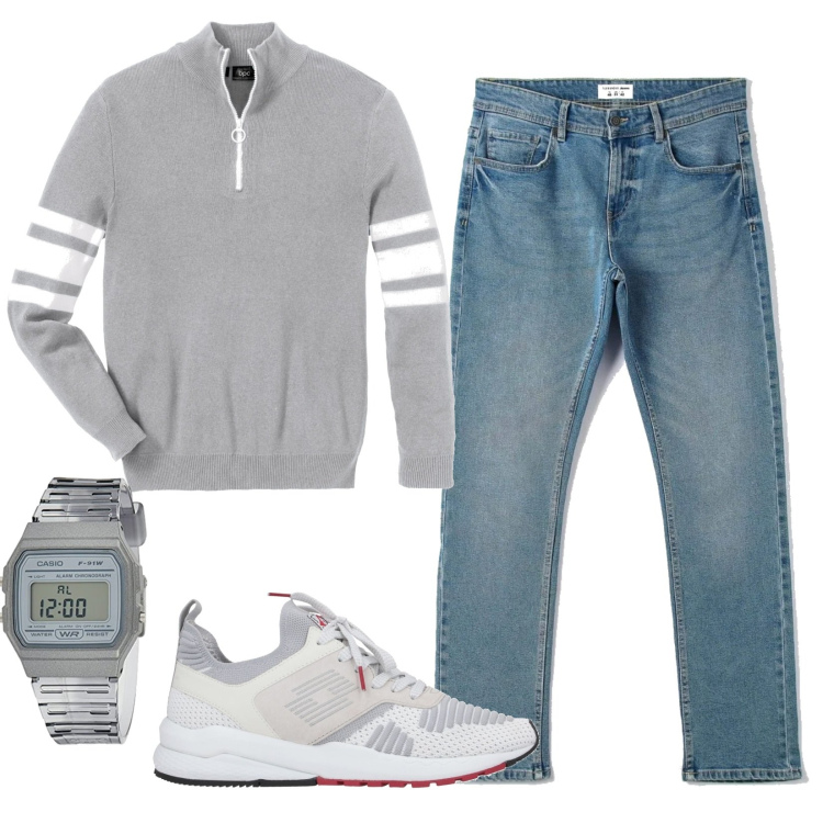 Outfit uomo - Ufficio. Stile Casual per Ufficio. Abbinamento con t-shirt sportive, sneakers, jeans, orologi.