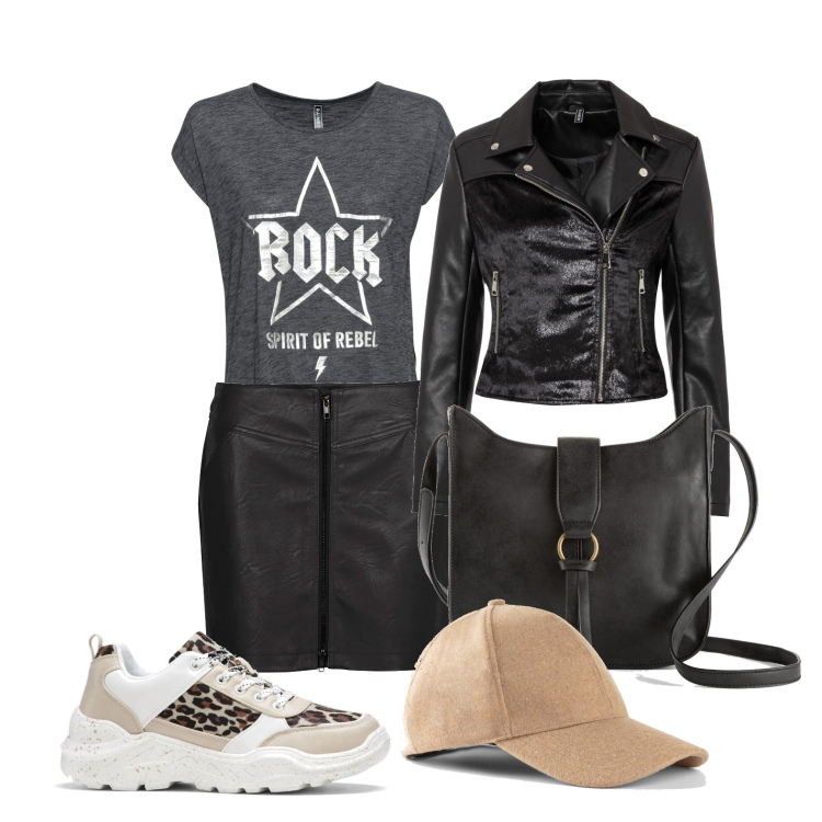 Outfit donna - Ghost outfitter - aprile BonPrix. Stile Casual per Tutti i giorni. Abbinamento con t-shirt, borse a tracolla, sneakers, giacche, minigonne, cappelli con visiera.