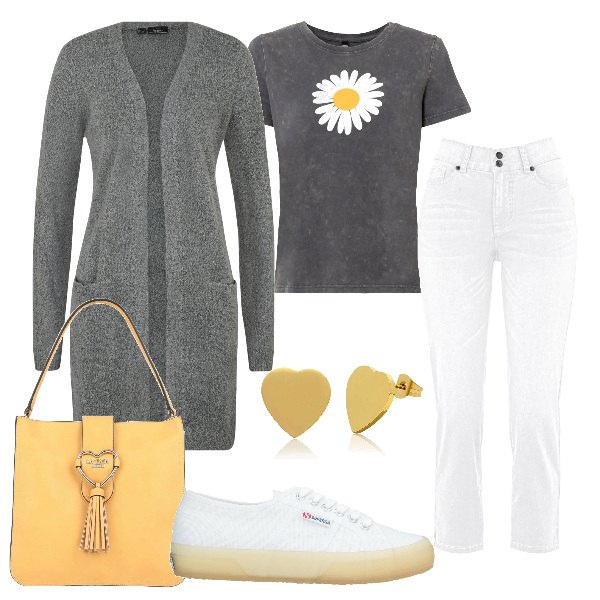 Outfit donna - Total look #1587154. Stile Basic per Tutti i giorni. Abbinamento con t-shirt, cardigans, jeans slim fit, sneakers, borse a mano, orecchini.