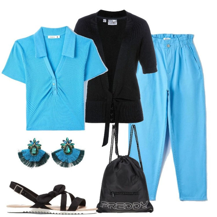 Outfit donna - Il tuo look luminoso. Stile Casual per Tutti i giorni. Abbinamento con cardigans, sandali, pantaloni, polo, zaini, orecchini.