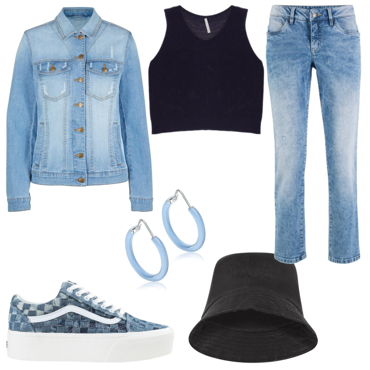 Outfit donna - Jeans ad aprile. Stile Casual per Tutti i giorni. Abbinamento con blazer, jeans dritti, sneakers, orecchini, canottiere, cappelli.