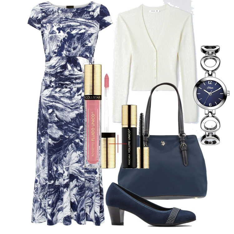 Outfit donna - Total look #1587370. Stile Romantica per Tutti i giorni. Abbinamento con décolleté, vestiti, borse a mano, cardigans, orologi, rossetti.