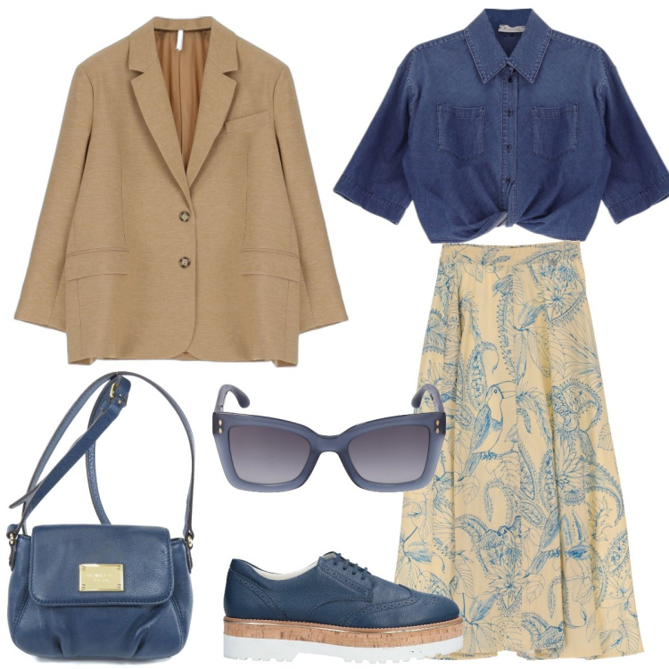 Outfit donna - Tempo libero. Stile Casual chic per Tutti i giorni. Abbinamento con scarpe stringate, borse a spalla, camicie a manica corta, giacche, gonne longuette, occhiali da sole.