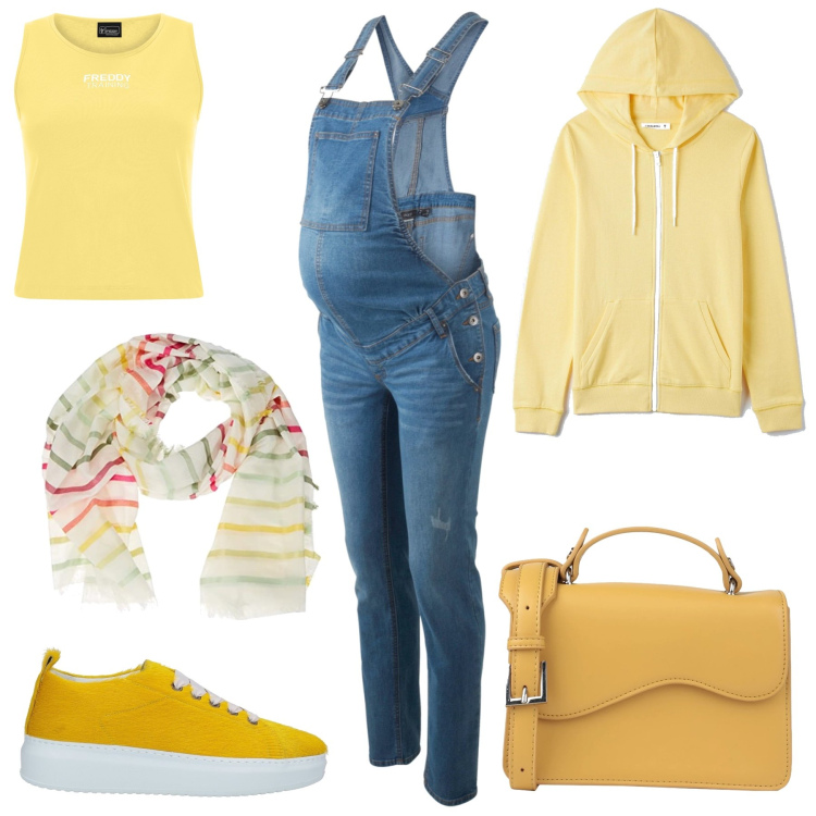 Outfit donna - Yellow mamy. Stile Casual per Tutti i giorni. look ideale per Premaman. Abbinamento con salopette, sneakers, borse a mano, felpe con cappuccio, top, sciarpe.