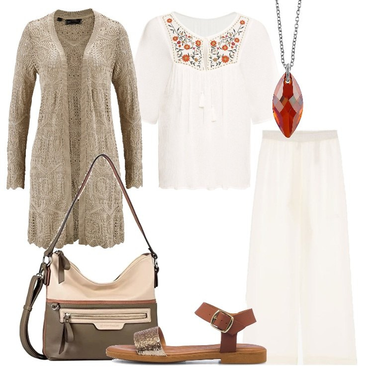 Outfit donna - Boho Style a primavera. Stile Boho per Tutti i giorni. Abbinamento con cardigans, tuniche, ciondoli, pantaloni a palazzo, sandali in pelle, borse a spalla.