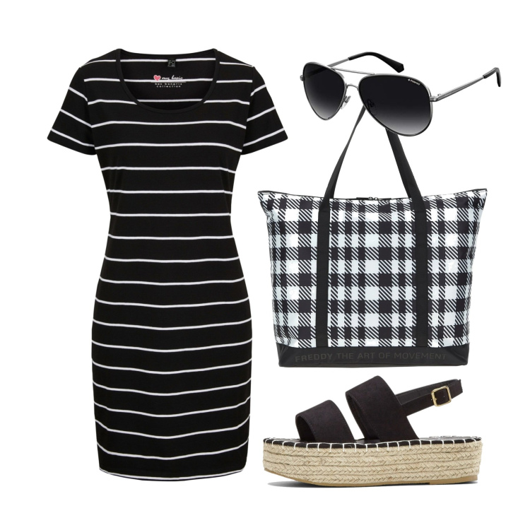 Outfit donna - Black summer. Stile Basic per Tutti i giorni. Abbinamento con vestiti, sandali, borse tote, occhiali da sole.