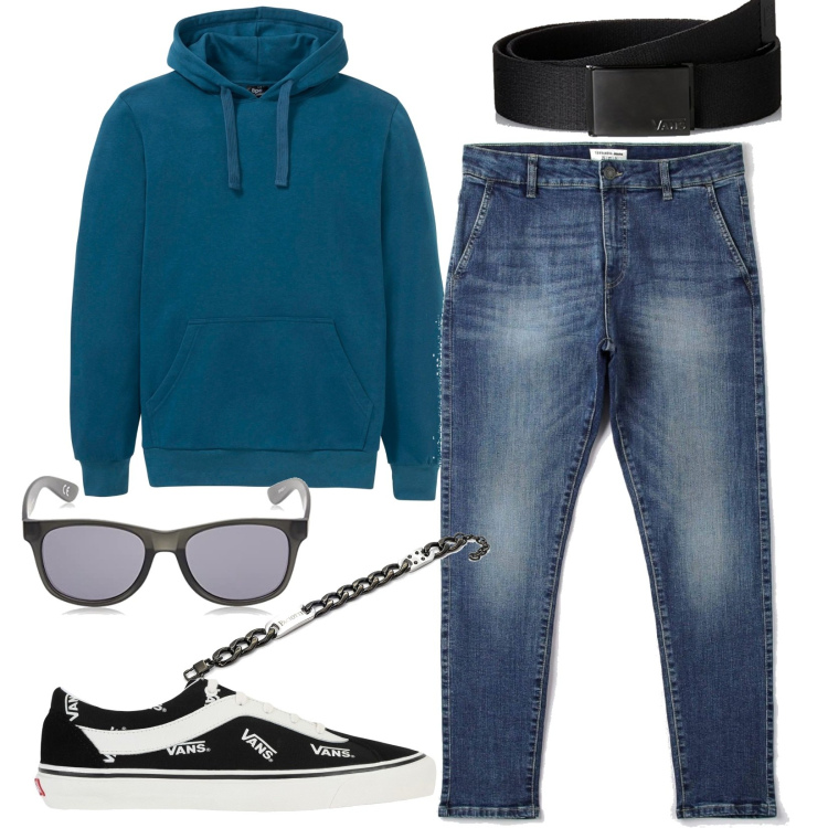 Outfit uomo - Jeans e felpa. Stile Urban per Tutti i giorni. Abbinamento con felpe con cappuccio, sneakers, jeans, braccialetti, cinture, occhiali da sole.
