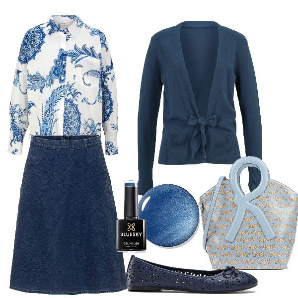 Outfit donna - Blue spring. Stile Basic per Tutti i giorni. Abbinamento con ballerine, cardigans, gonne, camicie, borse a mano, smalti.
