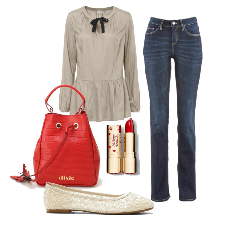 Outfit donna - Ballerine. Stile Casual chic per Tutti i giorni. Abbinamento con jeans dritti, bluse, ballerine, borse a secchiello, rossetti.