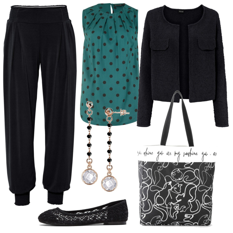 Outfit donna - Top a pois e Cardigan. Stile Bon Ton per Tutti i giorni. Abbinamento con ballerine, pantaloni, top, cardigans, shopping bag, orecchini.