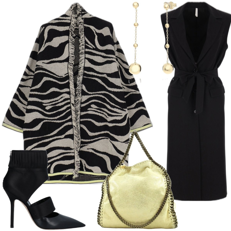Outfit donna - Onde. Stile Trendy per Serata fuori. Abbinamento con stivaletti, borse a mano, orecchini, vestiti midi/longuette, cardigans.