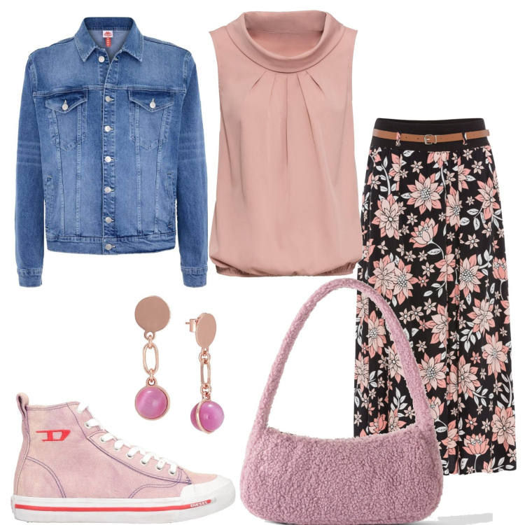 Outfit donna - Top raffinato e gonna fiorata. Stile Trendy per Tutti i giorni. Abbinamento con sneakers, top, gonne lunghe, borse a mano, orecchini, giacche.
