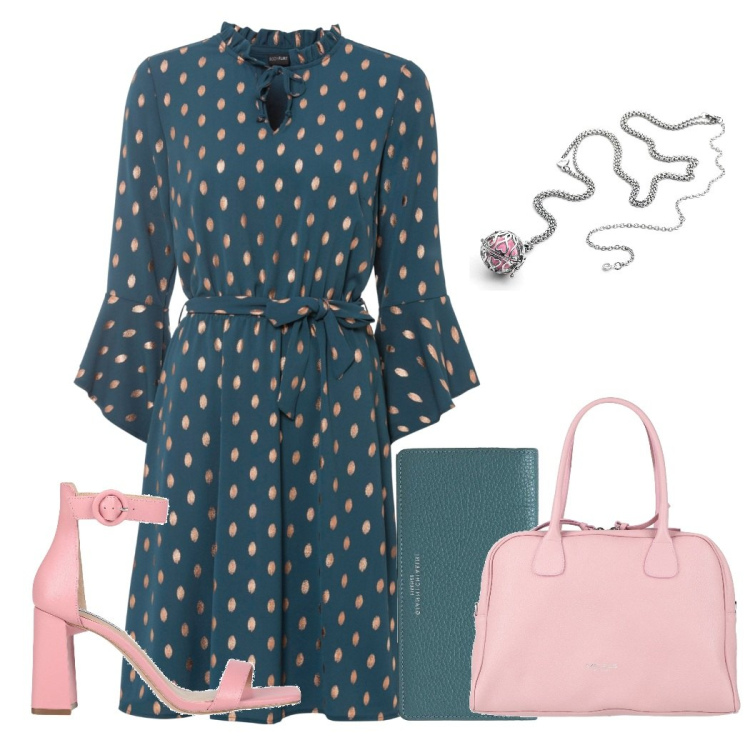 Outfit donna - Gabriella. Stile Romantica per Serata fuori. Abbinamento con vestiti, sandali col tacco, borse a mano, collane, portafogli.