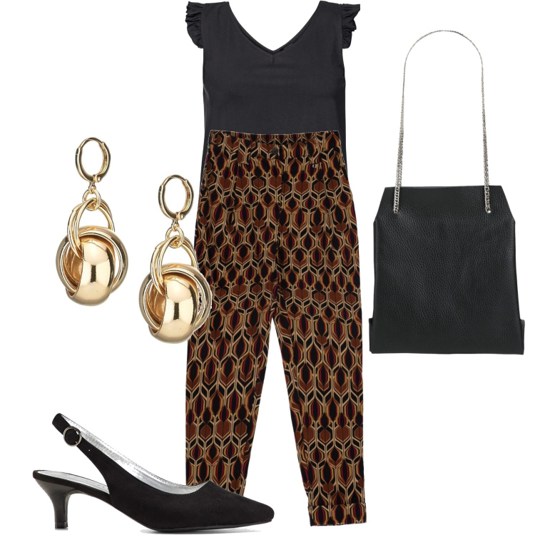 Outfit donna - Carina con poco. Stile Boho per Tutti i giorni. Abbinamento con top, décolleté, borse a mano, orecchini, pantaloni.