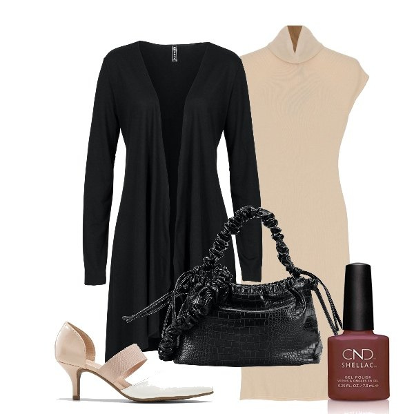 Outfit donna - Ultimo tubino a collo alto. Stile Chic per Serata fuori. Abbinamento con cardigans, décolleté, borse a mano, vestiti corti, smalti.