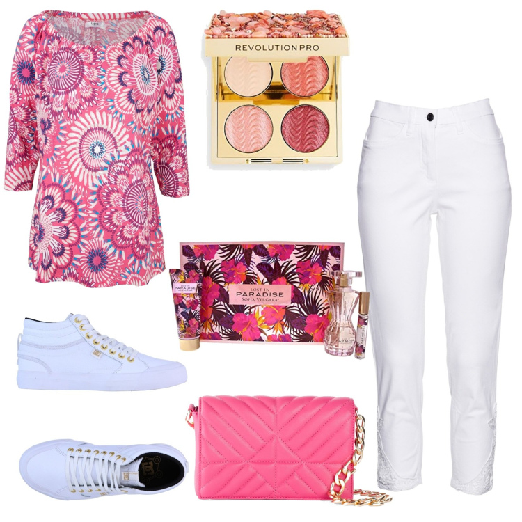 Outfit donna - Toni di rosa. Stile Casual chic per Tutti i giorni. Abbinamento con maglieria, jeans, borse a mano, sneakers alte, profumi, ombretti.