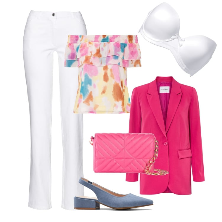 Outfit donna - Primavera multicolore. Stile Chic per Cerimonia. Abbinamento con pantaloni, décolleté, reggiseni, bluse, blazer, borse a mano.