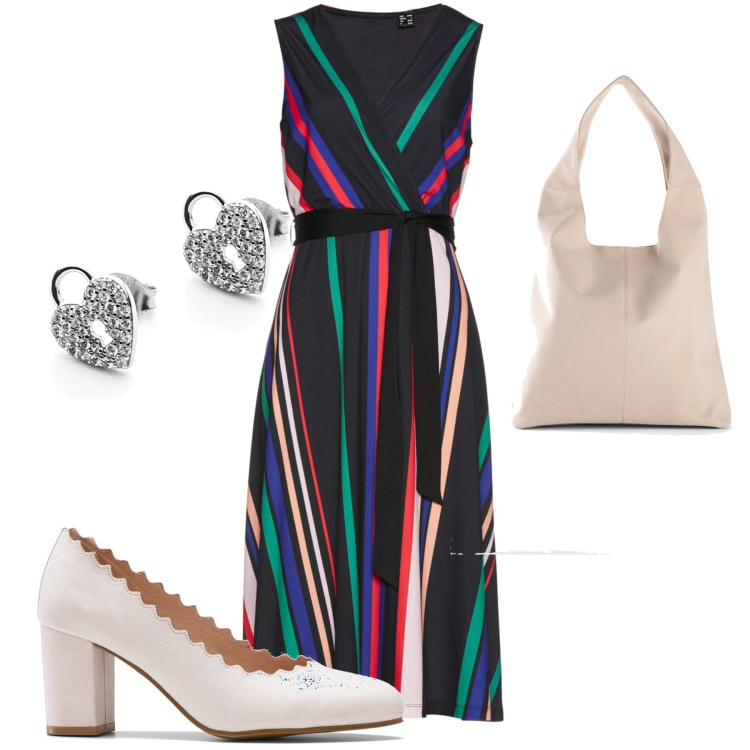 Outfit donna - Righe per il giorno. Stile Glamour per Ufficio. Abbinamento con vestiti, décolleté, shopping bag, orecchini.